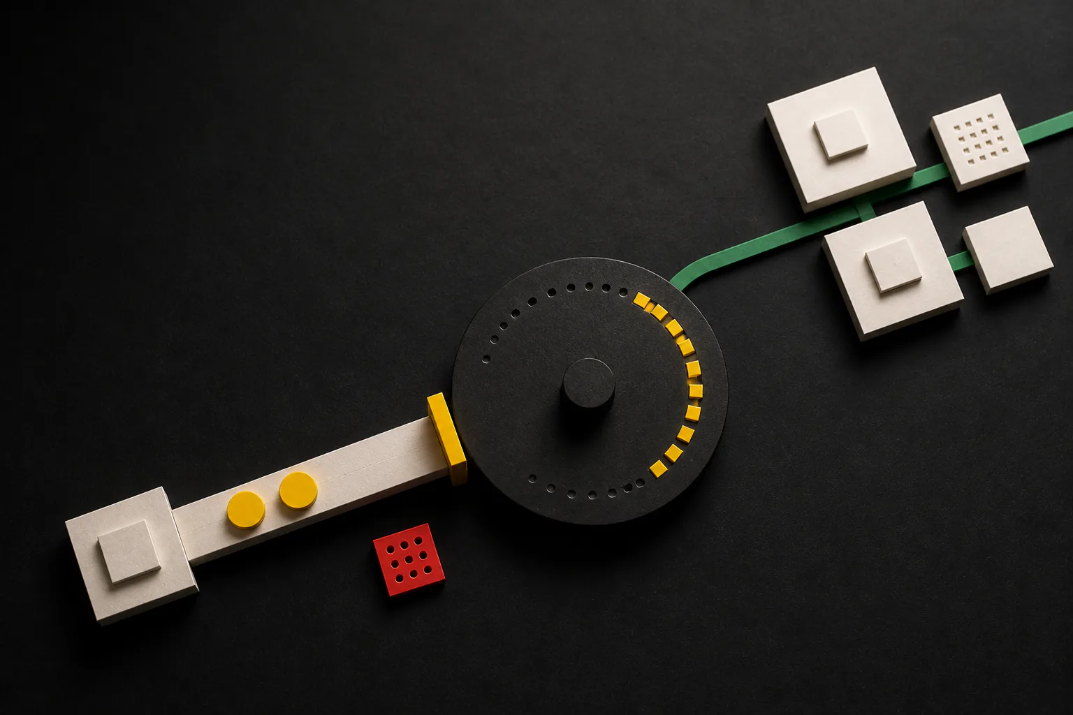 A circular spending dial beside a stopped paid-work arm, while a green essential workflow continues to task blocks