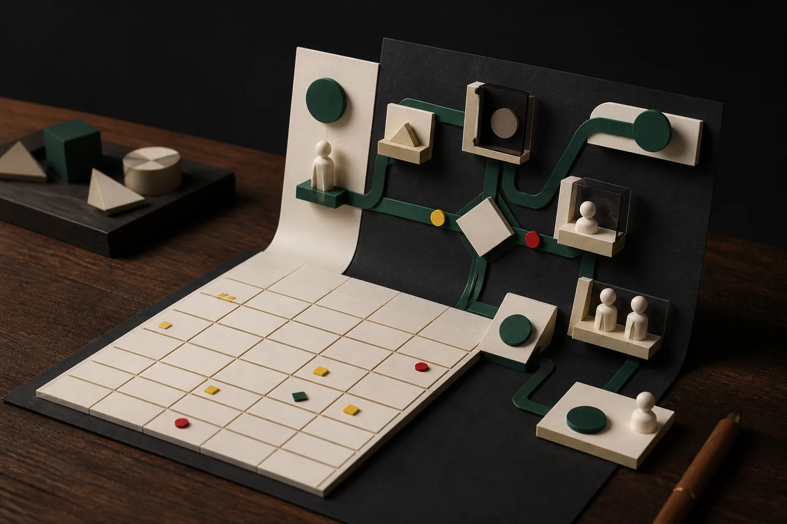 A flat record grid opening into a purpose-built three-dimensional workflow path