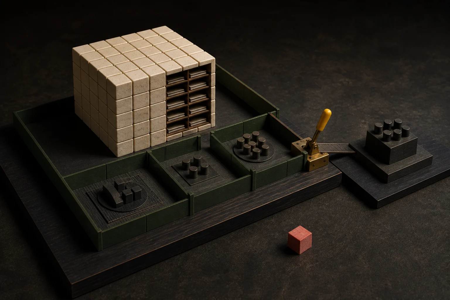 An ivory block archive protected by forest-green access zones and a brass approval lever