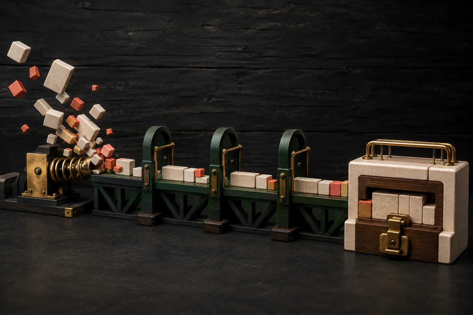 Ivory and coral build tokens moving through green control gates into a locked application case