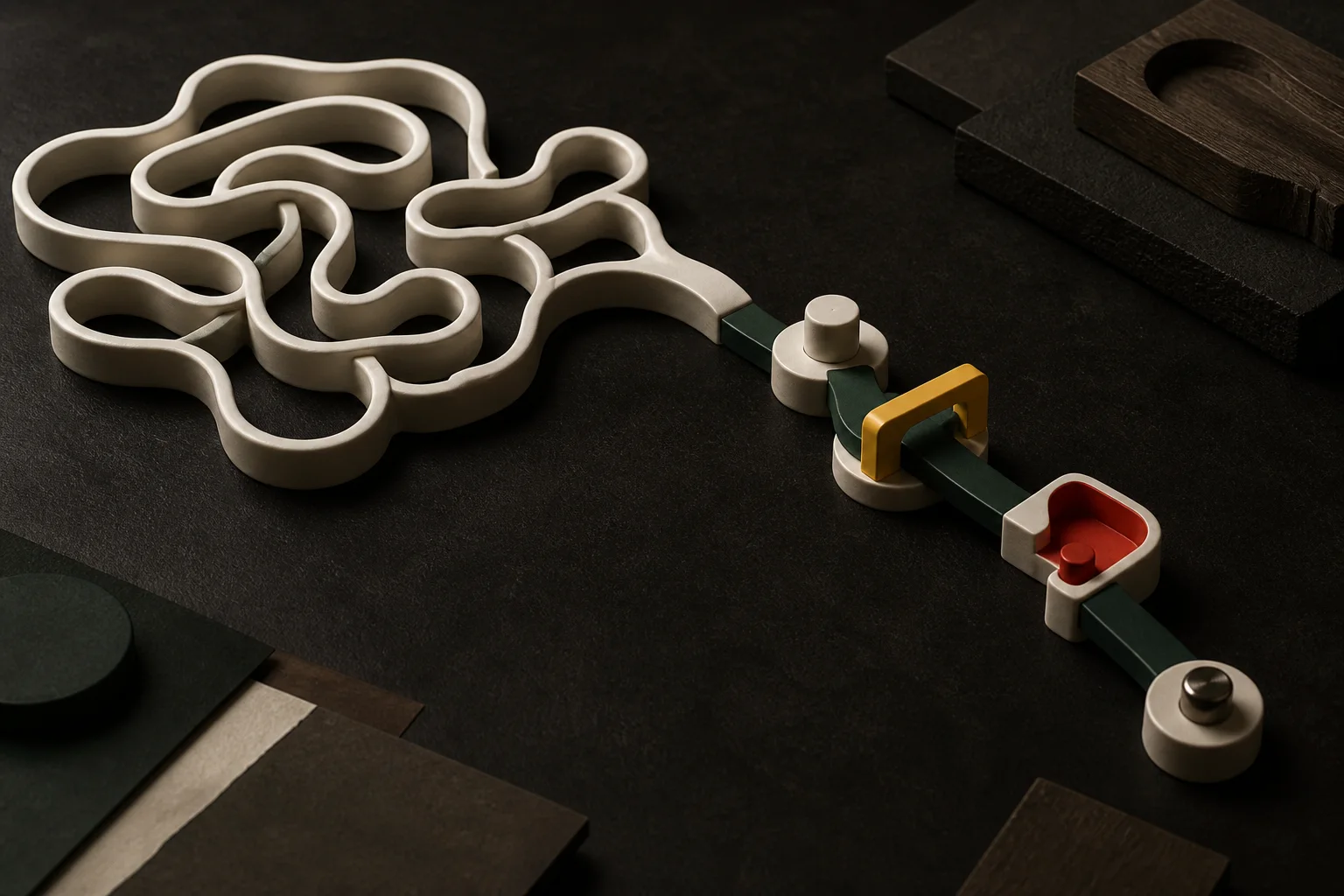 A looping ivory application maze resolving into a measured green workflow with review and exception gates