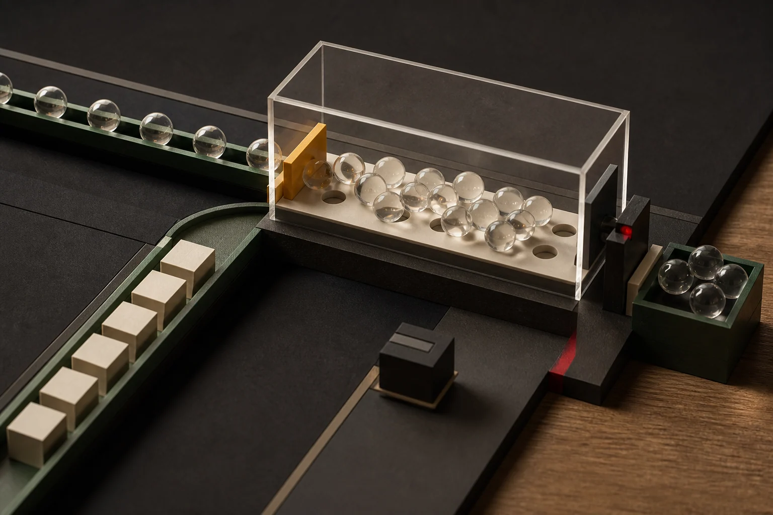 A measured stream of workflow units moving through a sculptural workload meter