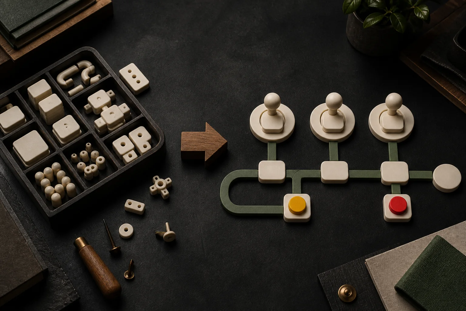 A tray of ivory builder parts becoming a clear three-role workflow on a dark studio table