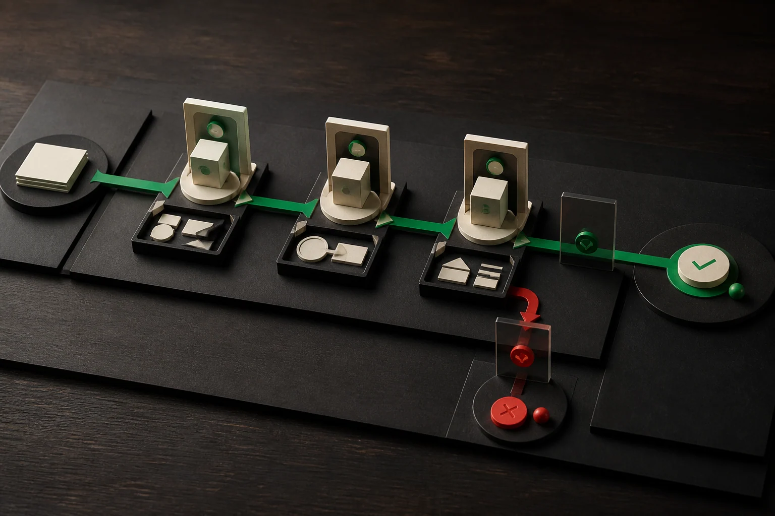 A sequence of ivory approval gates with one deliberate green decision point