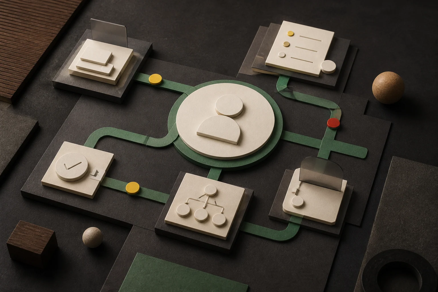 A modular customer workflow maquette with connected ivory records and a yellow path