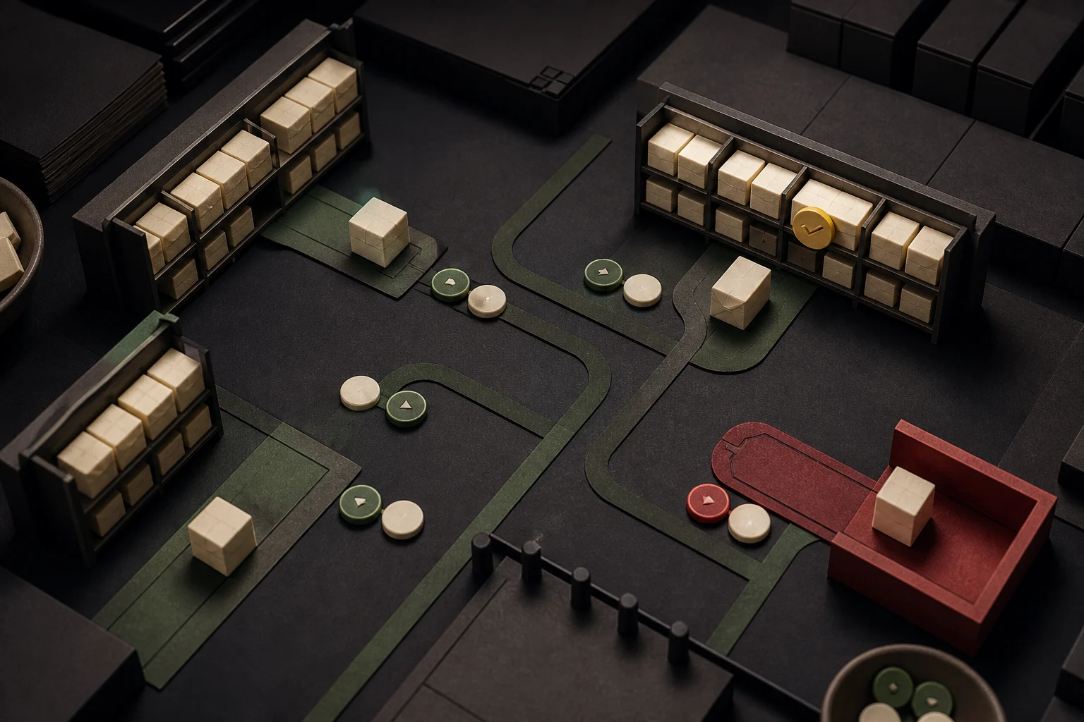 Ivory inventory blocks moving along green location tracks beside a red discrepancy bay