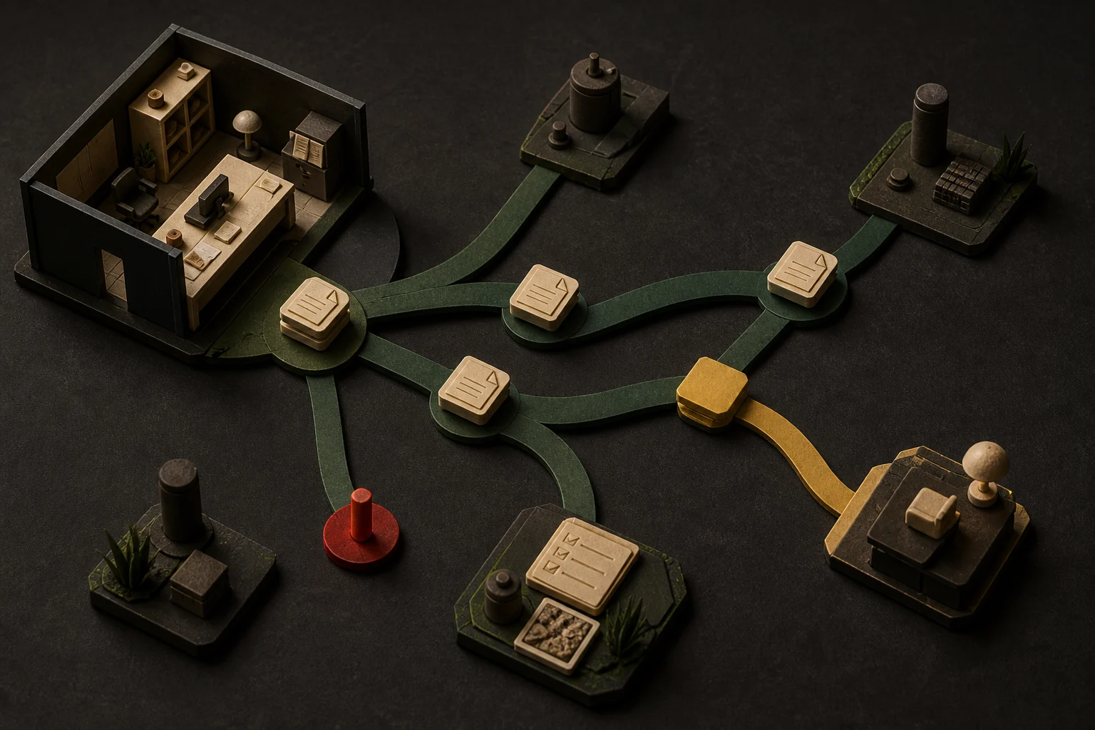 Ivory job tokens travelling from a dispatch dock along green paths to separate field stations