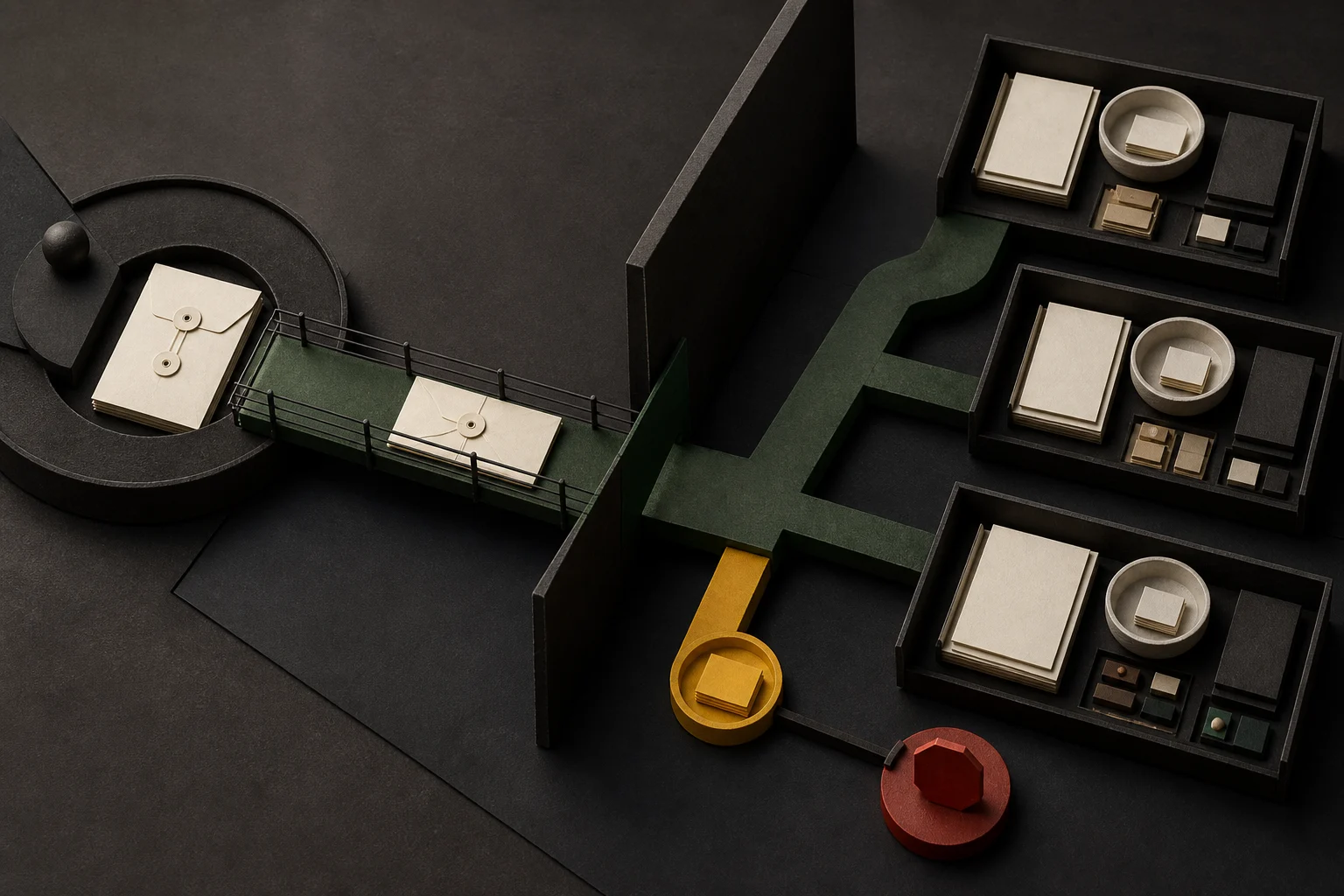 An ivory supplier packet crossing a guarded green bridge into separate internal review chambers