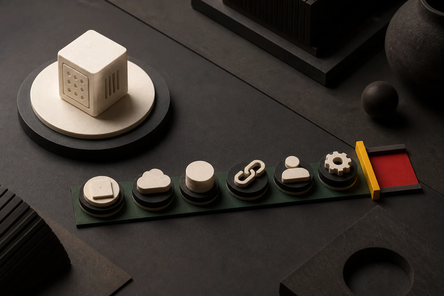 An ivory app module balanced against layered setup, usage and ownership tokens on a green budget rail