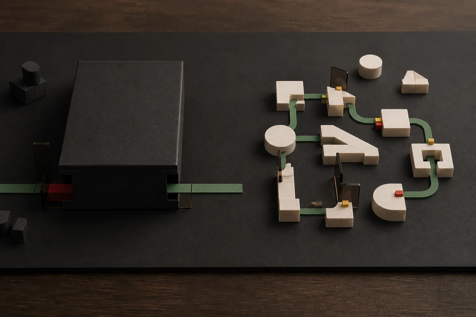 A forked tabletop path comparing a fixed product box with a tailored modular workflow