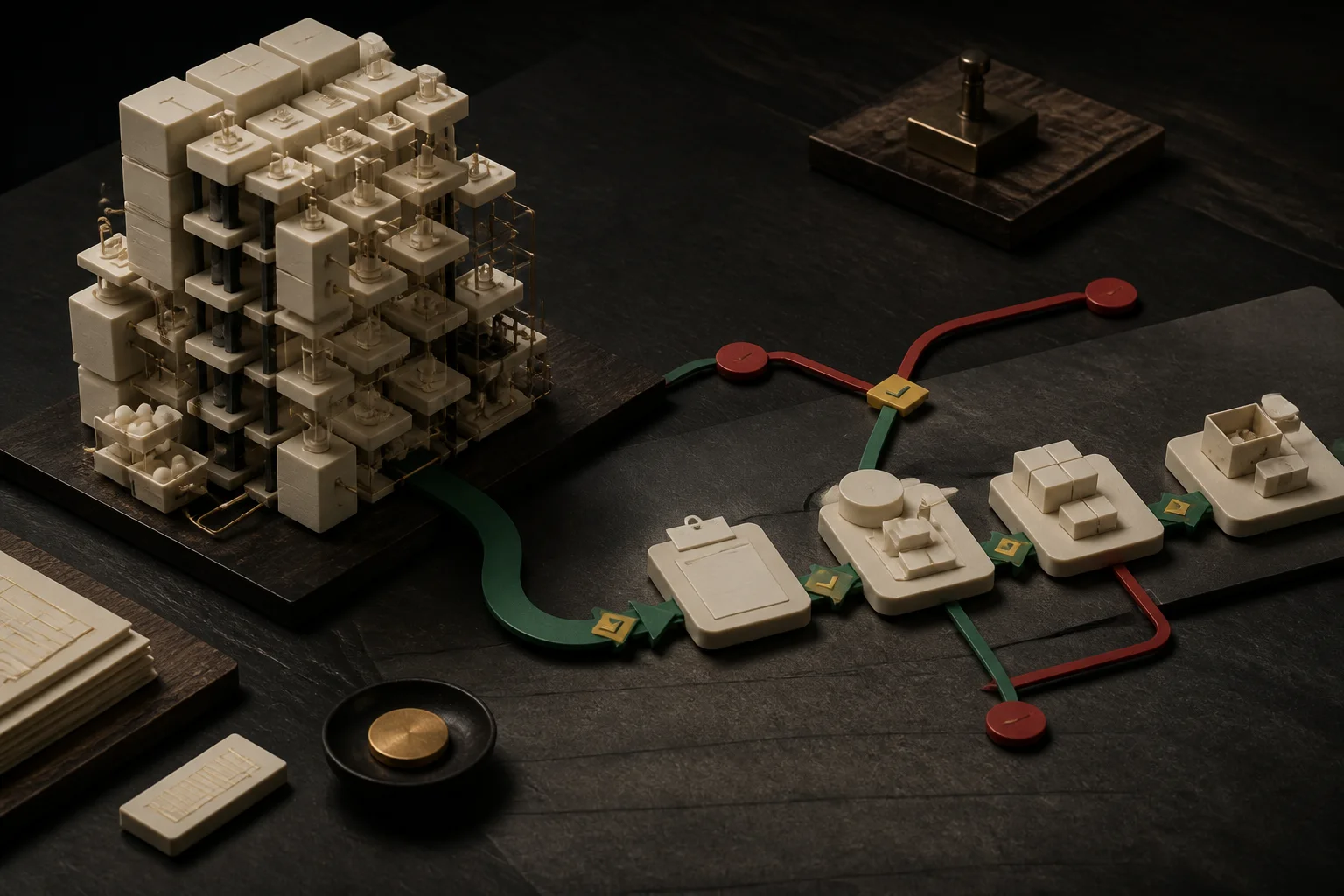 A dense ivory enterprise tower beside a clear operator-owned workflow on a dark tabletop