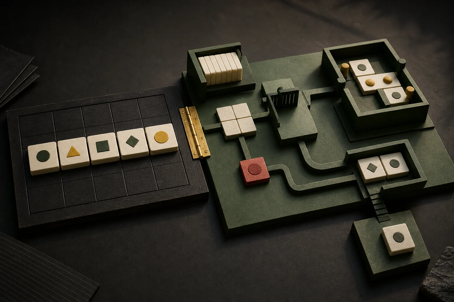 An ivory task board opening through a brass hinge into a forest-green custom workflow
