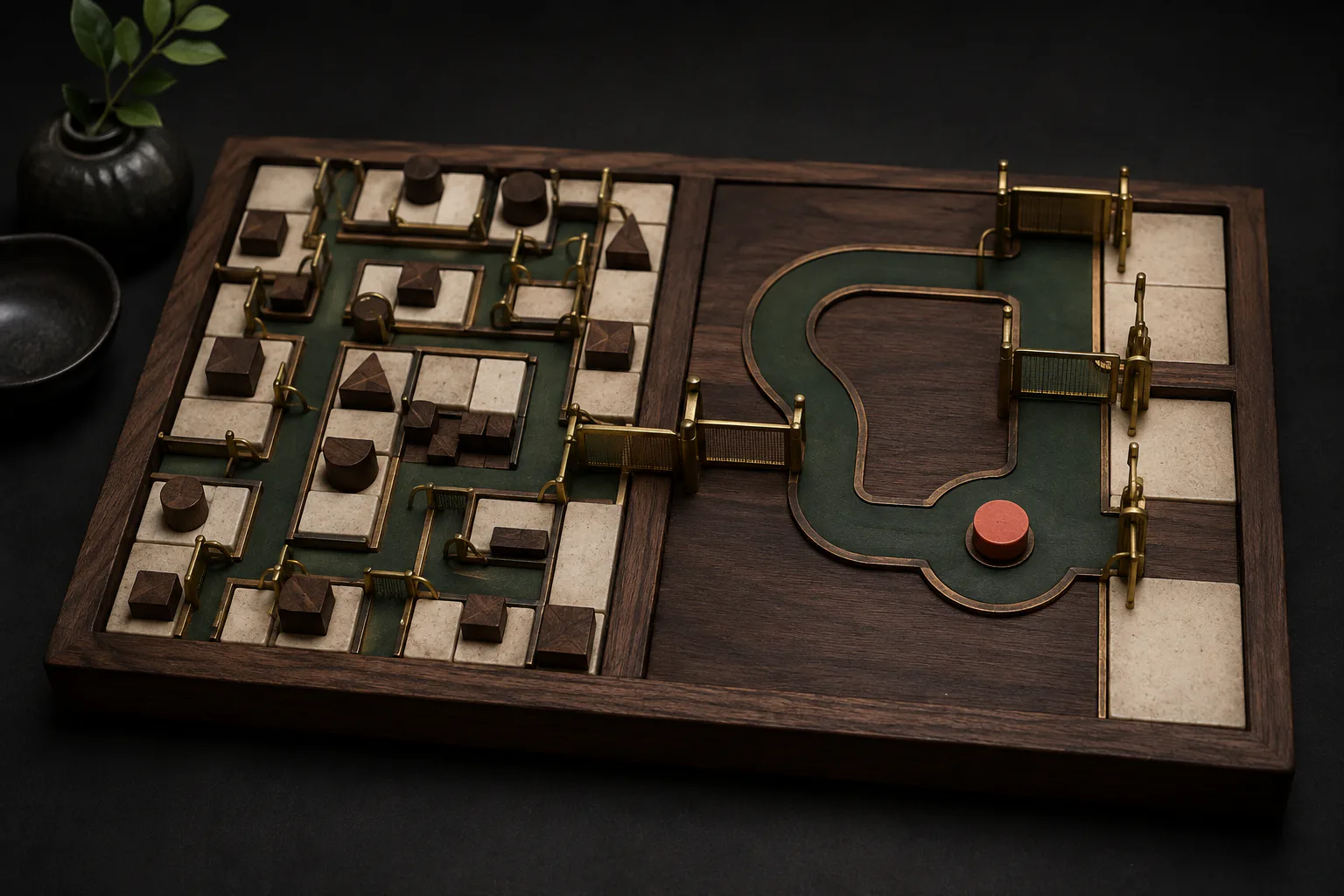 A dense modular operations system beside a clear green workflow route with brass control gates