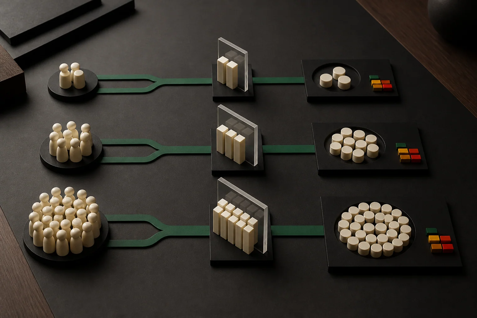 Grouped ivory user tokens moving through three measured yellow cost frames