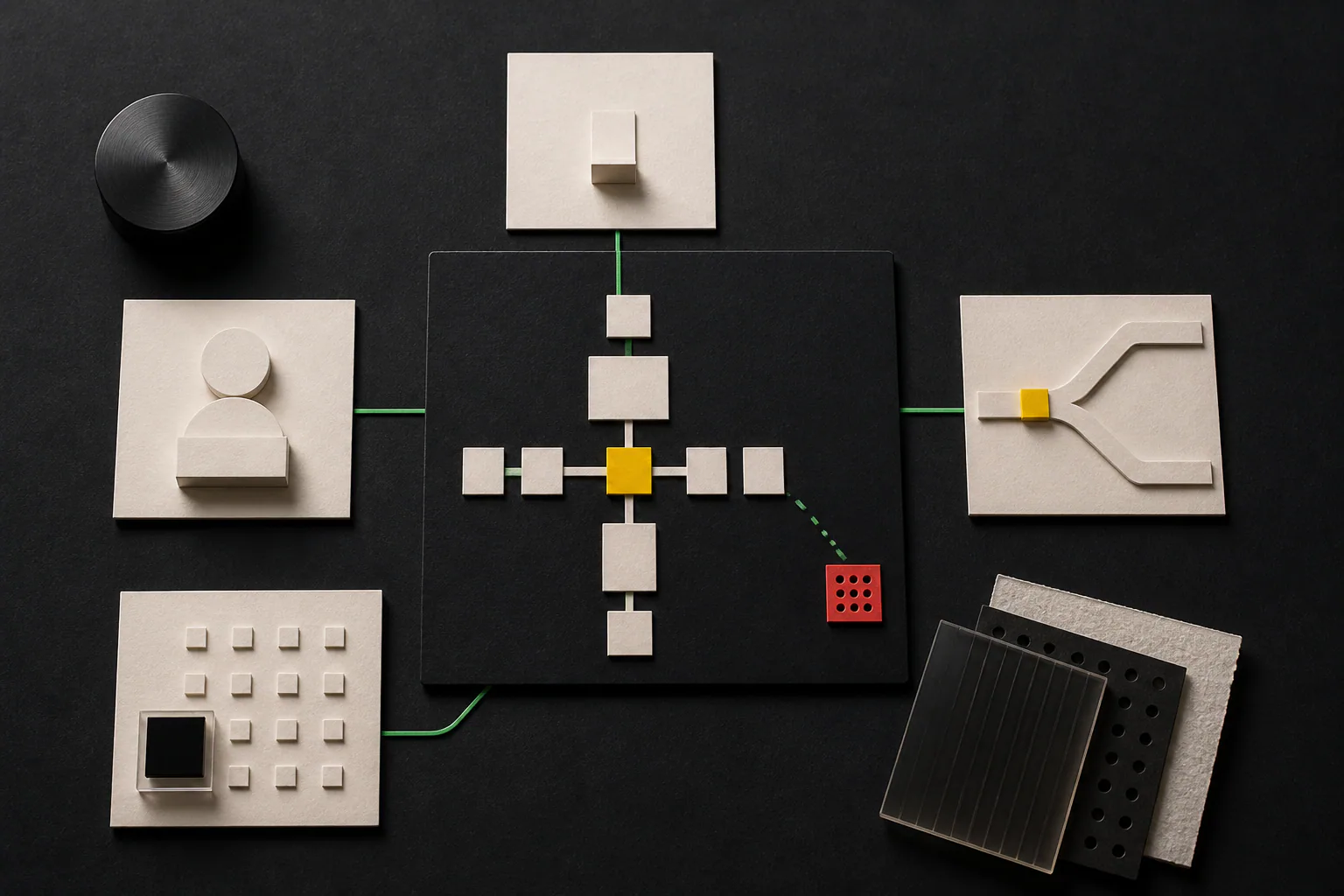 Workflow evidence cards arranged around a central plan with decision and risk markers.