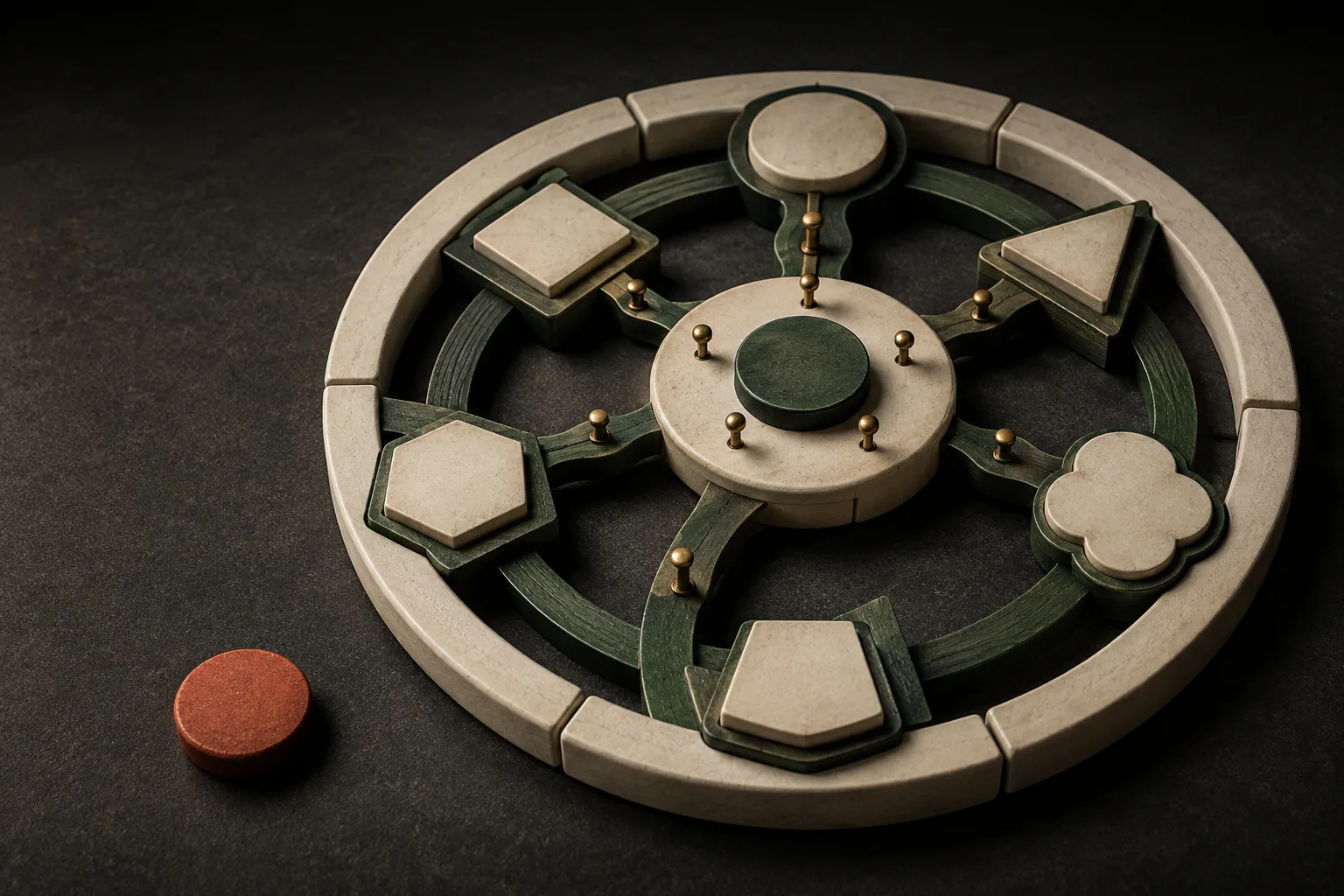 Ivory workflow modules connected around a central green hub with one separate coral owner token